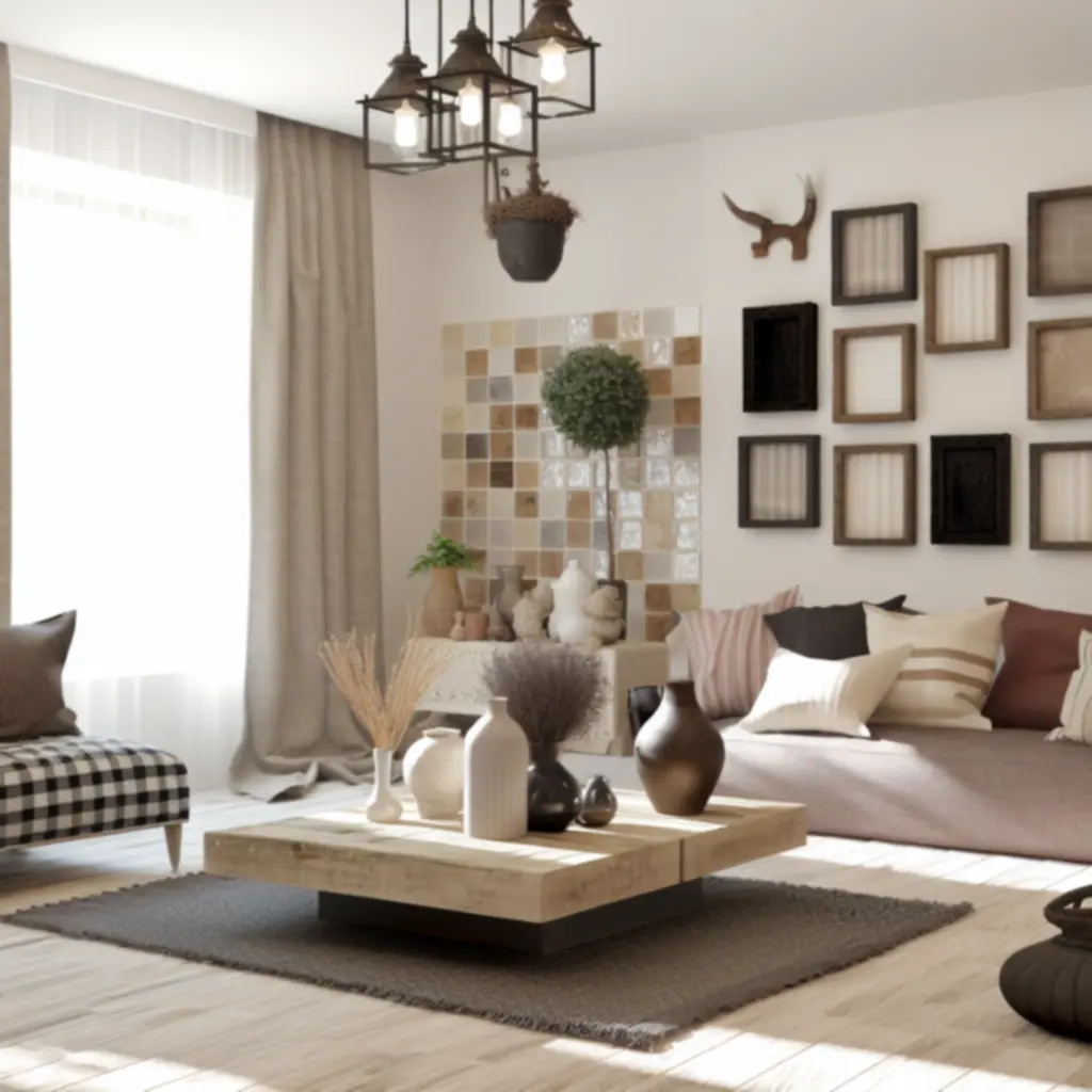 Przytulny salon z dekoracyjnymi poduszkami, wazonami i obrazami w naturalnych kolorach