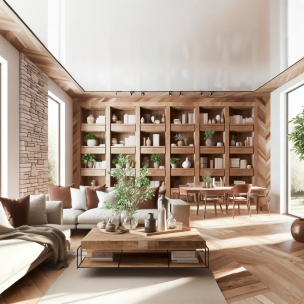 Elegancki salon z sofą, stolikiem kawowym i naturalnymi dodatkami