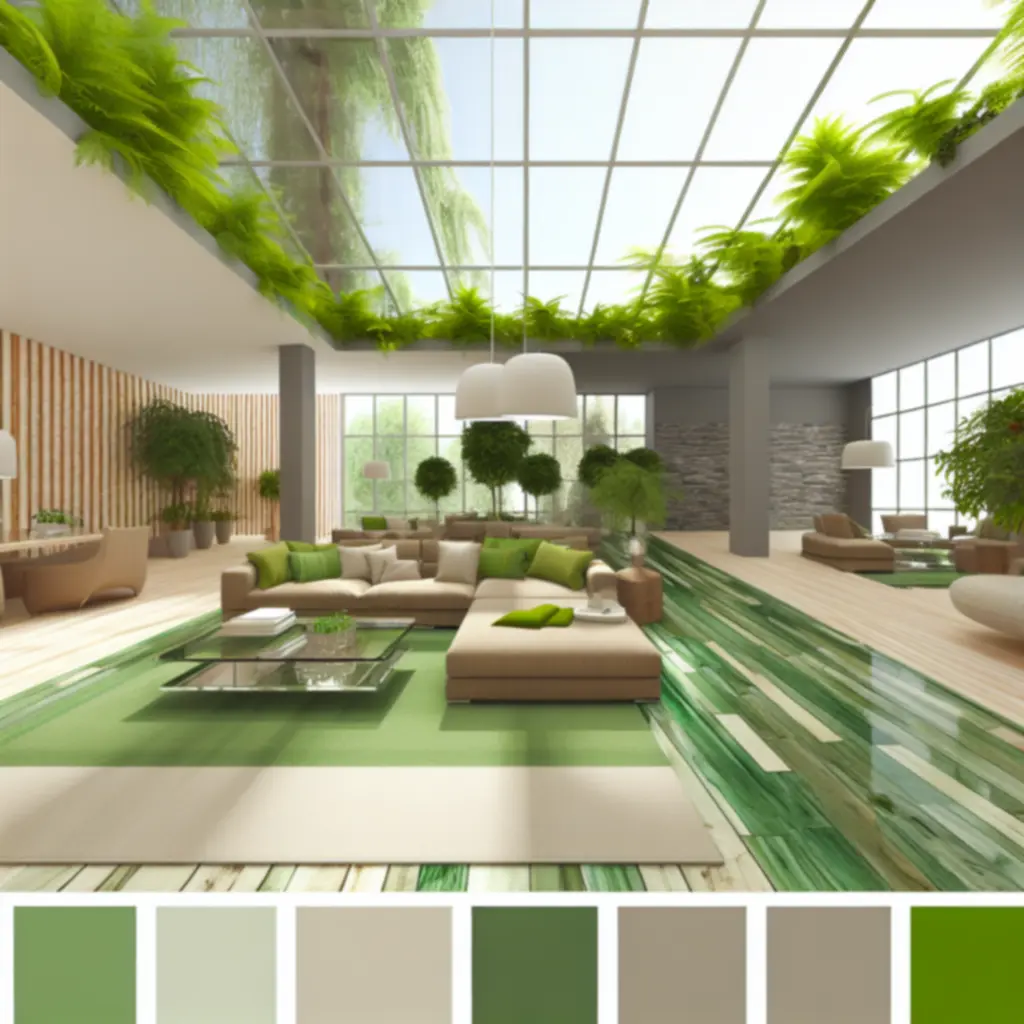 Słoneczny salon z roślinami i widokiem na ogród, w ciepłych naturalnych kolorach