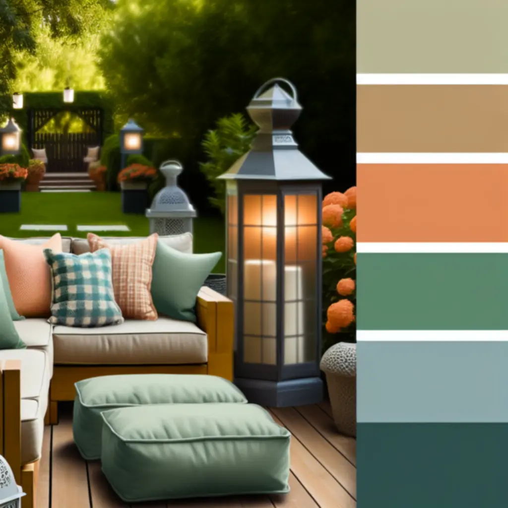 Przytulny kącik wypoczynkowy na tarasie z poduszkami i latarniami