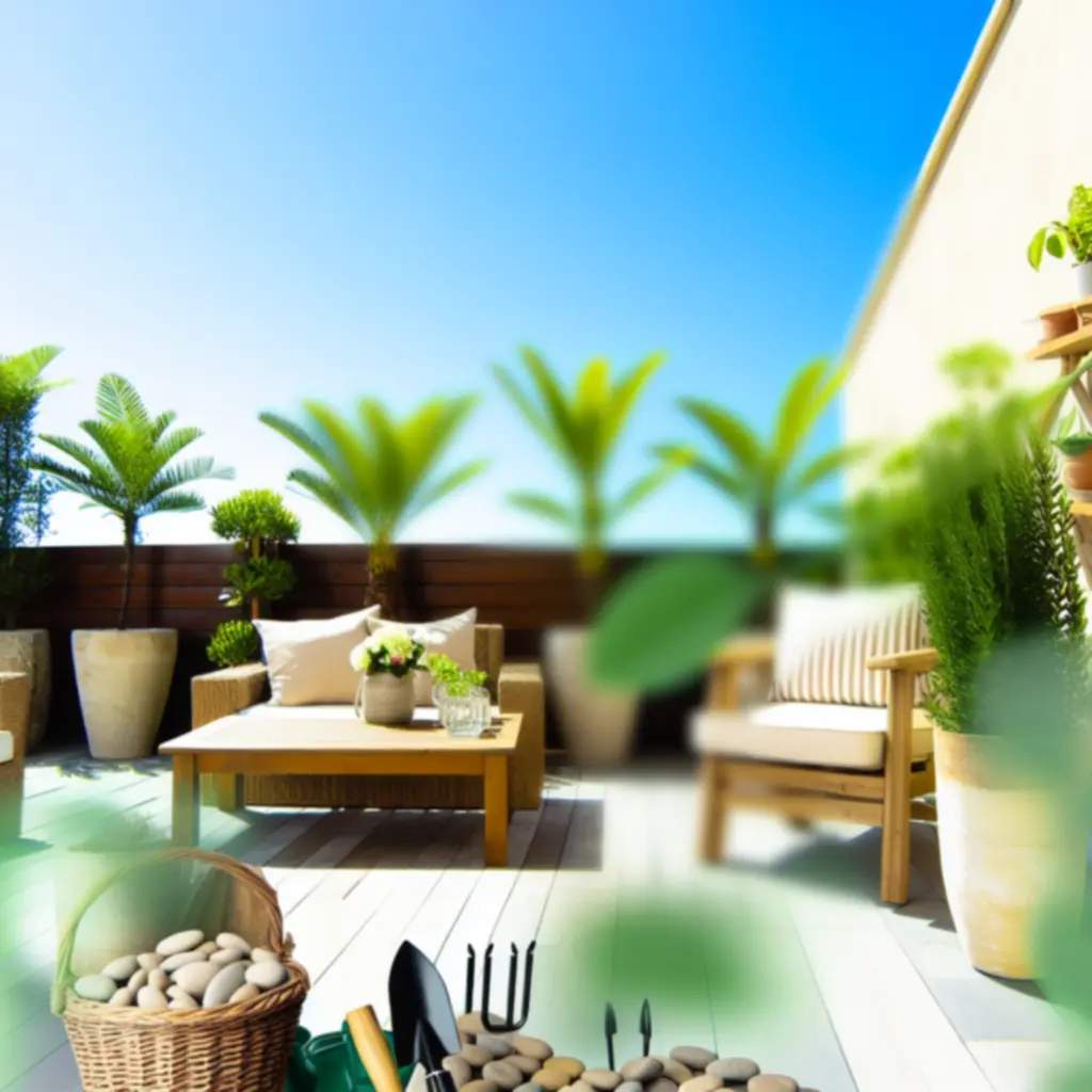 Przytulna aranżacja ogrodu z meblami i oświetleniem.