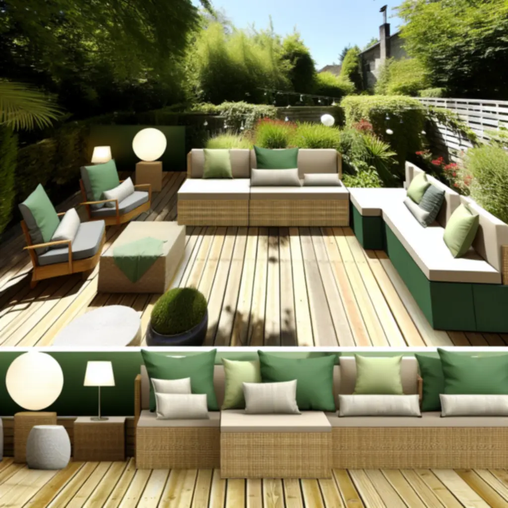 Przytulna strefa wypoczynku na tarasie z roślinami i naturalnymi materiałami.
