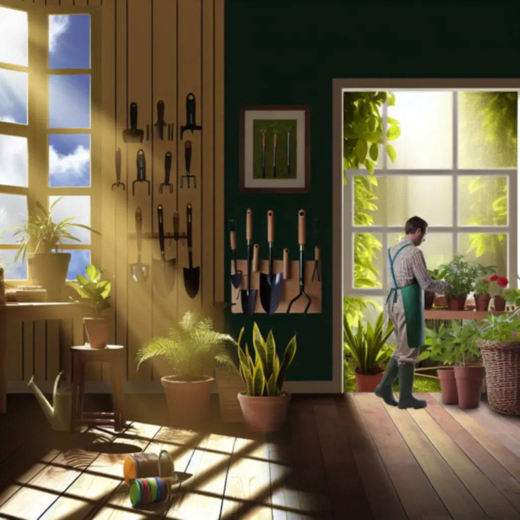 Inspirująca aranżacja warsztatu domowego z narzędziami rozmieszczonymi na ścianie i blacie roboczym