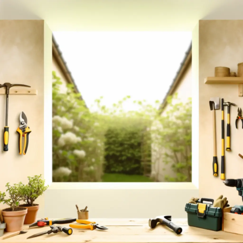 Zestaw narzędzi domowych i ogrodowych ułożonych na drewnianym blacie