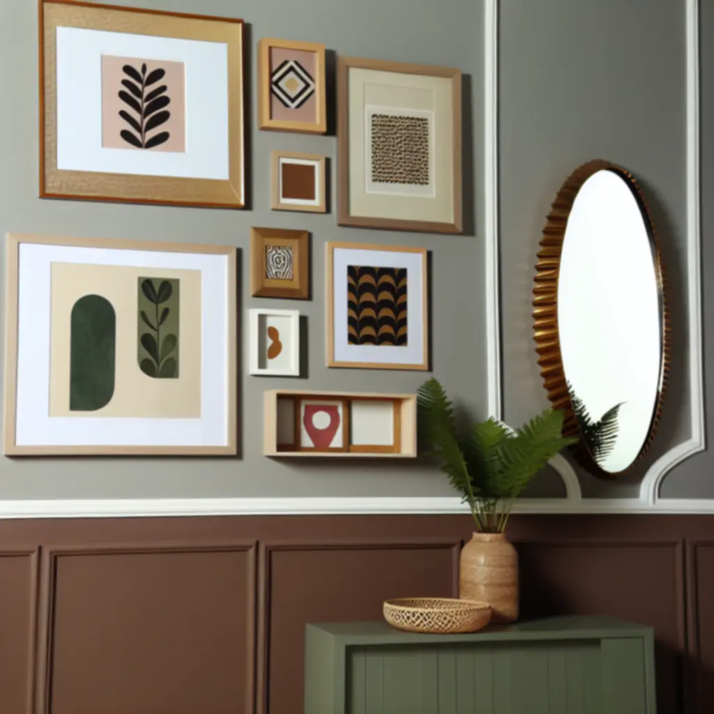Galeria ścienna z obrazami, plakatami i lustrami w spójnej, naturalnej kolorystyce
